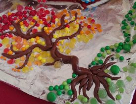 Candy tree made of tootsie rolls and gum drops